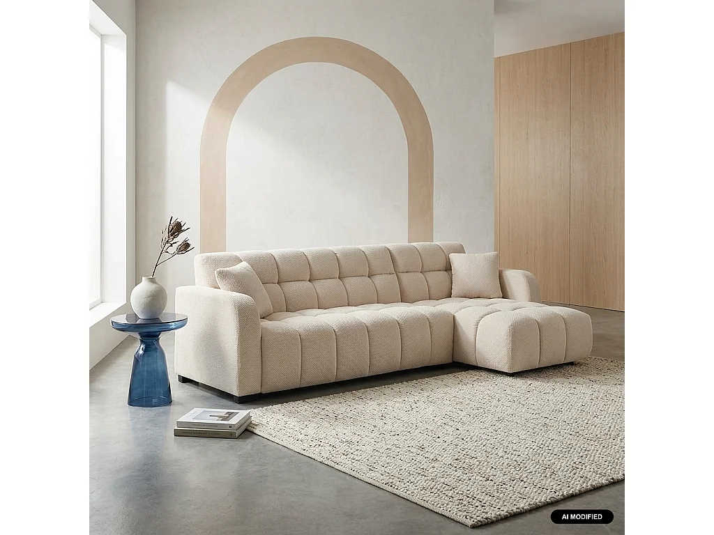 Canapé d'angle réversible tissu capitonné 3 places blanc cassé - Dot