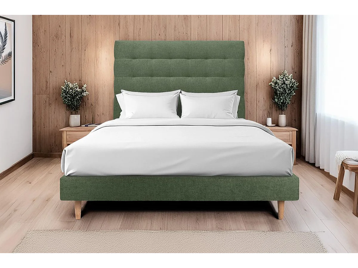 Lit 200x200cm avec tête de lit capitonnée tissu et sommier kit vert - Hauteur totale : 29cm
