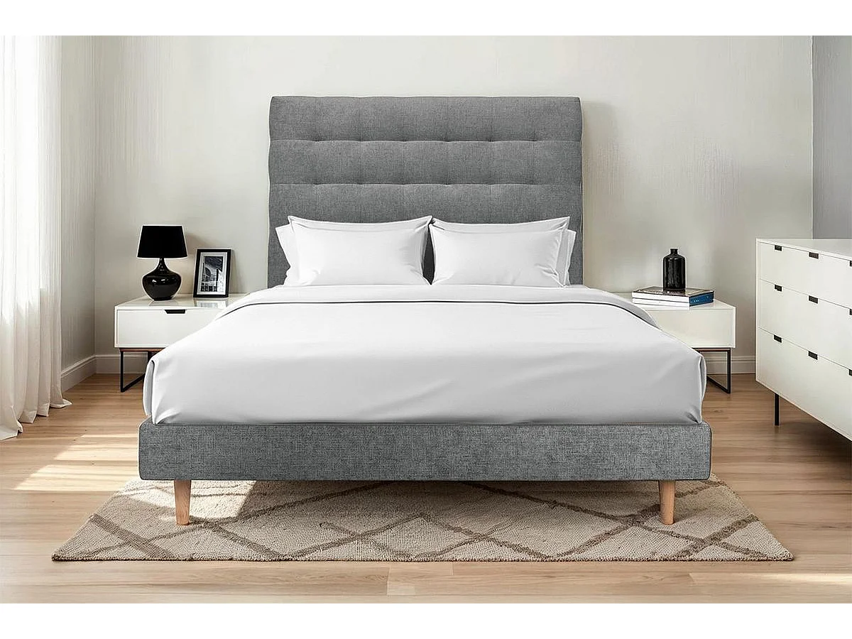 Lit 200x200cm avec tête de lit capitonnée tissu et sommier kit gris anthracite - Hauteur totale : 29cm