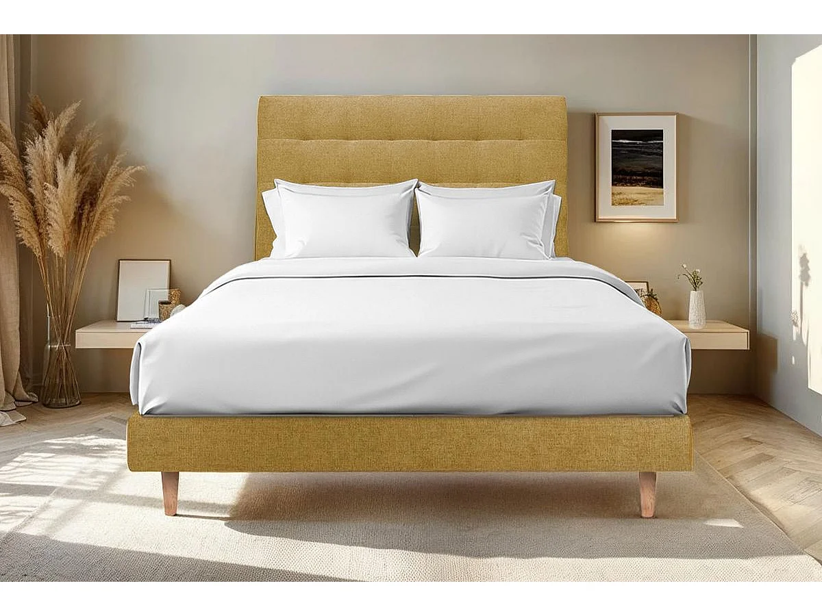 Lit 150x190cm avec tête de lit capitonnée tissu et sommier kit jaune - Hauteur totale : 29cm