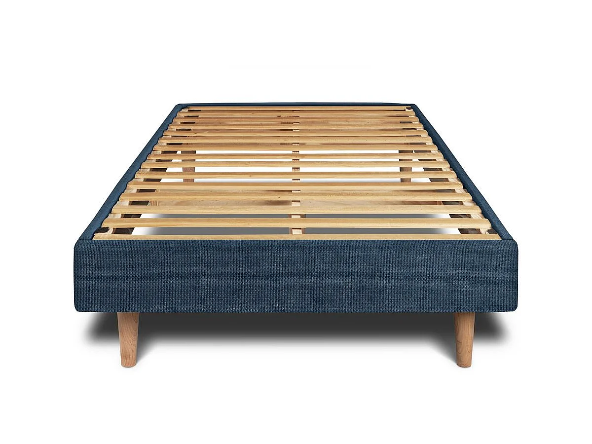 Lit 90x200cm avec tête de lit capitonnée tissu et sommier kit Bleu - Hauteur totale : 29cm