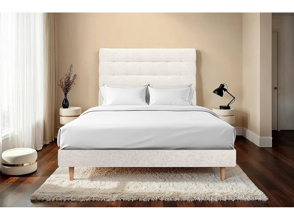 Lit 200x200cm avec tête de lit capitonnée tissu et sommier kit Beige clair - Hauteur totale : 29cm