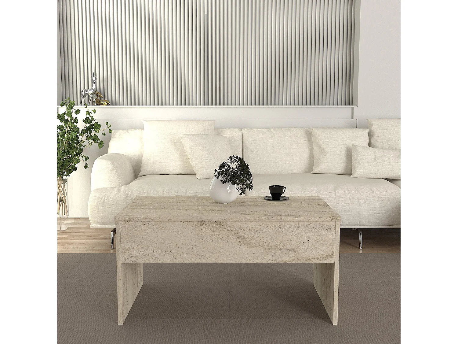 "Akilli" Träsoffbord med Förvaringsbox - 90 x 45 x 52 cm - Beige Travertin