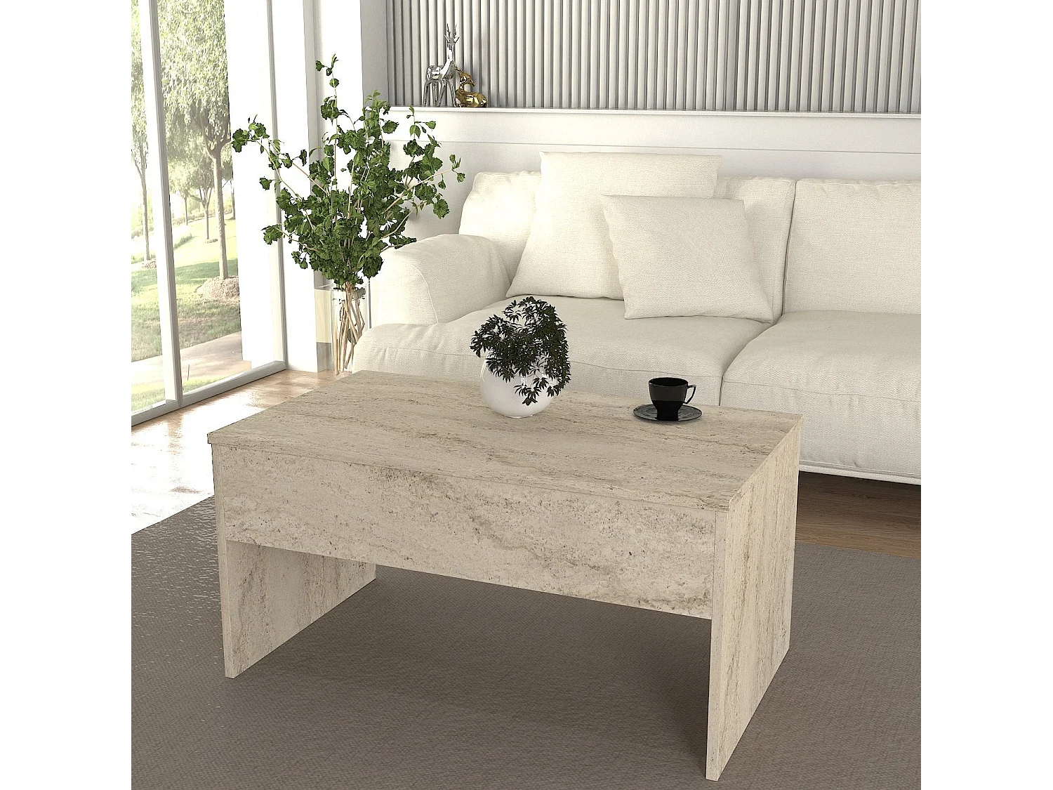 "Akilli" Träsoffbord med Förvaringsbox - 90 x 45 x 52 cm - Beige Travertin