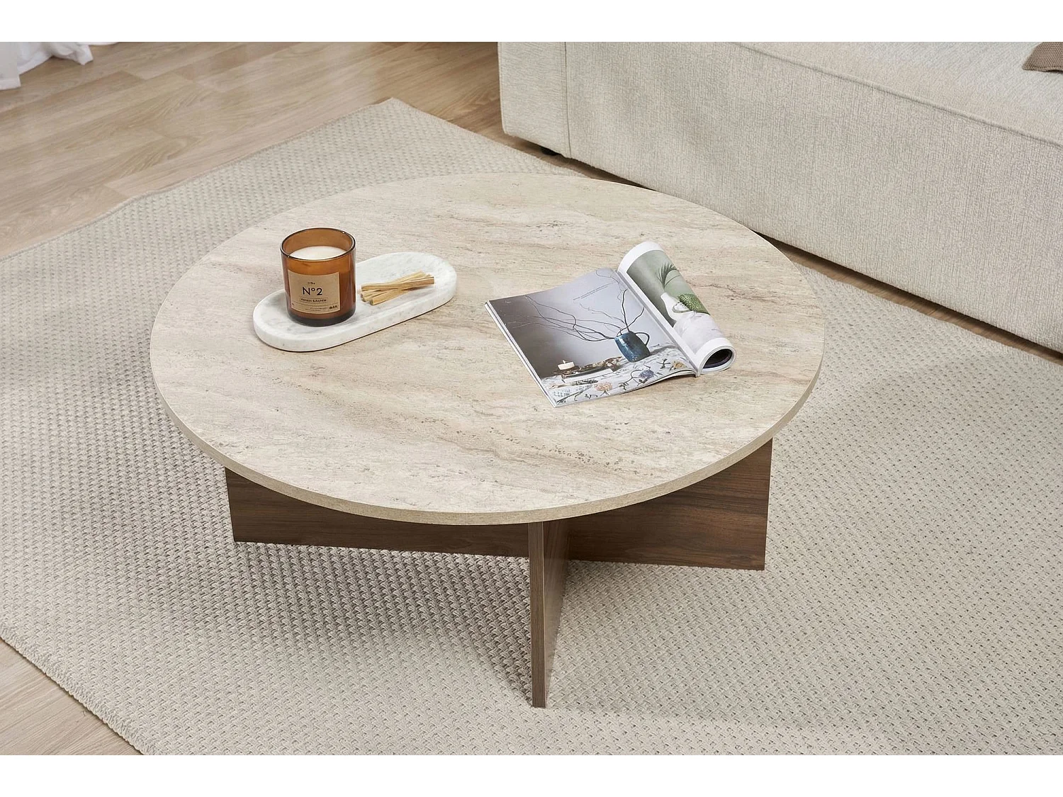 Table basse en bois "Soleil" - 90 x 90 x 40 cm - Travertin