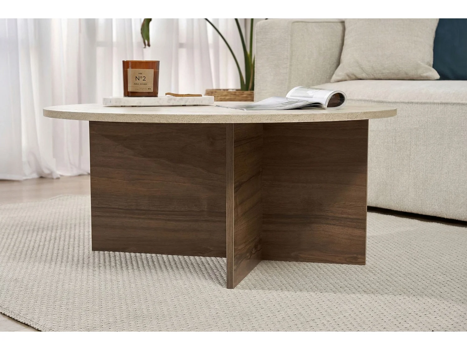 Table basse en bois "Soleil" - 90 x 90 x 40 cm - Travertin