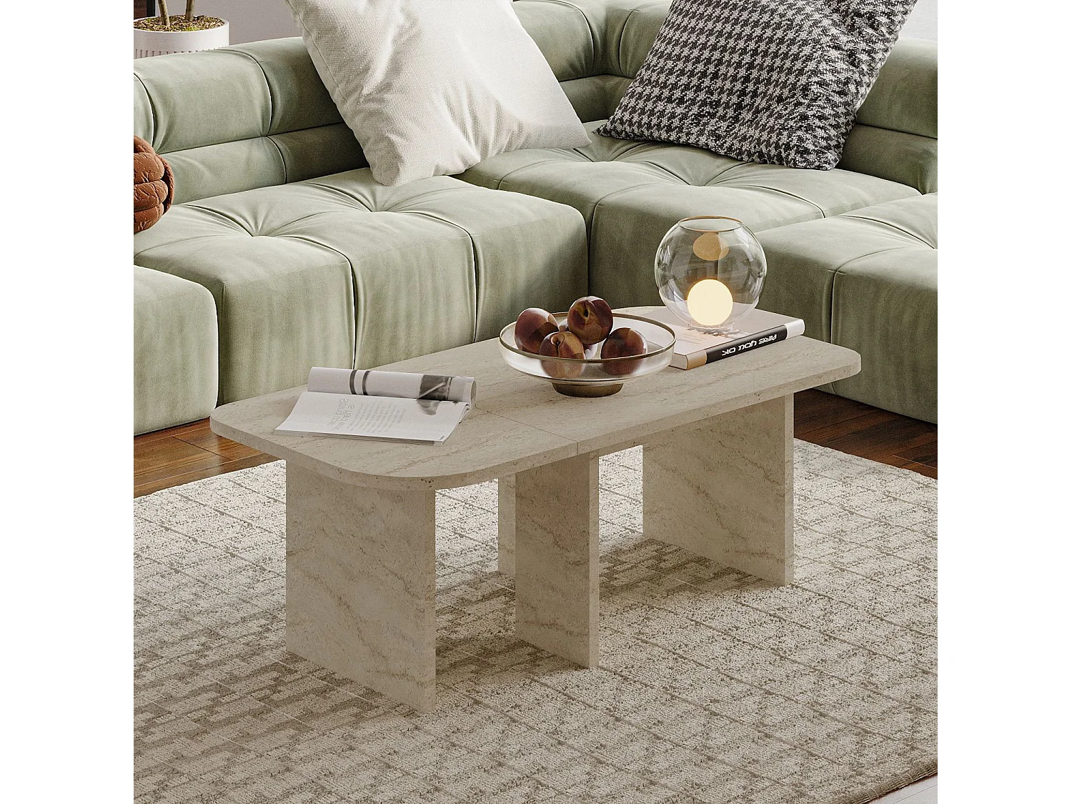 Couchtisch-Set aus Holz "Iris" - 90 x 45 x 35 cm - Travertin
