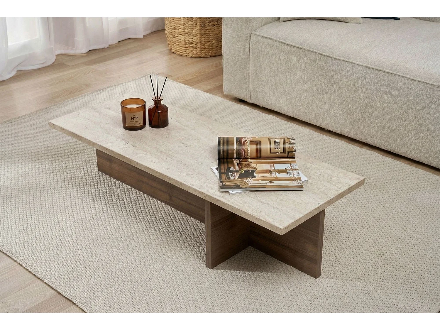 Table basse en bois "Harbor" - 120 x 45 x 30 cm - Travertin