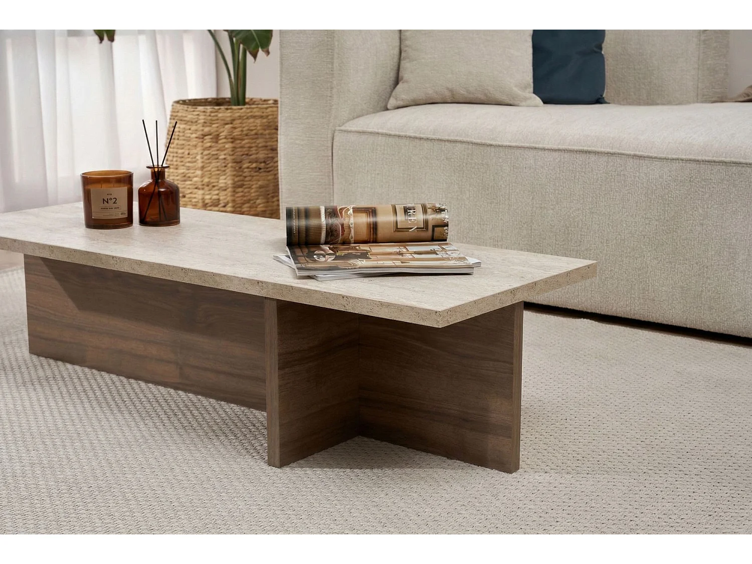 Table basse en bois "Harbor" - 120 x 45 x 30 cm - Travertin