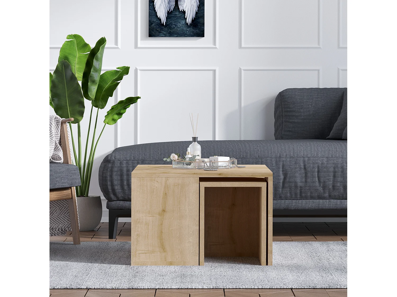 Zestaw stolików kawowych z drewna "Ortanca" - 60 x 60 x 37 cm - Safir Dębowy