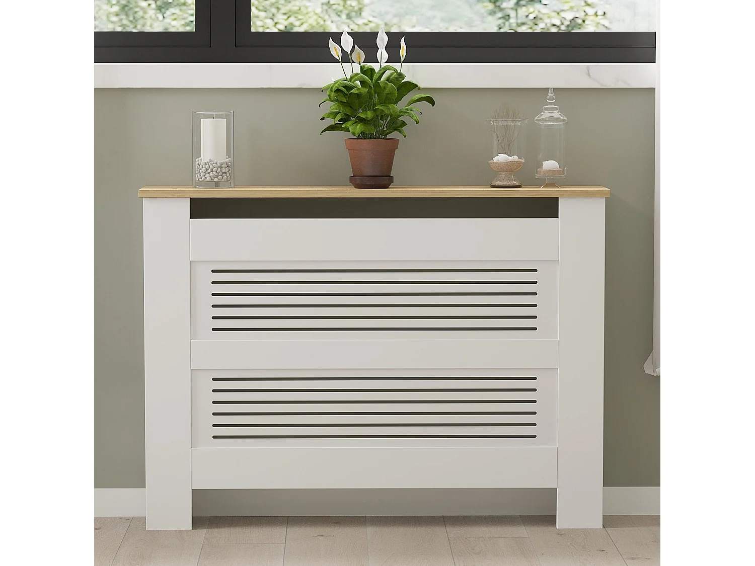 Elegant Safir Ek Radiatorskydd 112 x 19 x 82 cm - Modernt Geometrisk Design