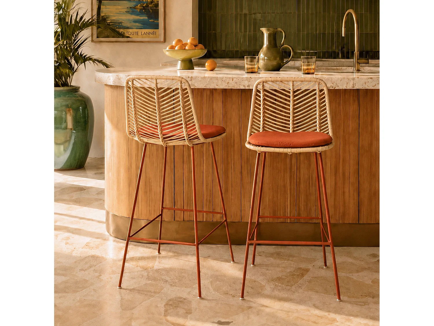 Set di 2 sedie per penisola da 66 cm in rattan e tessuto arancione - Tamara