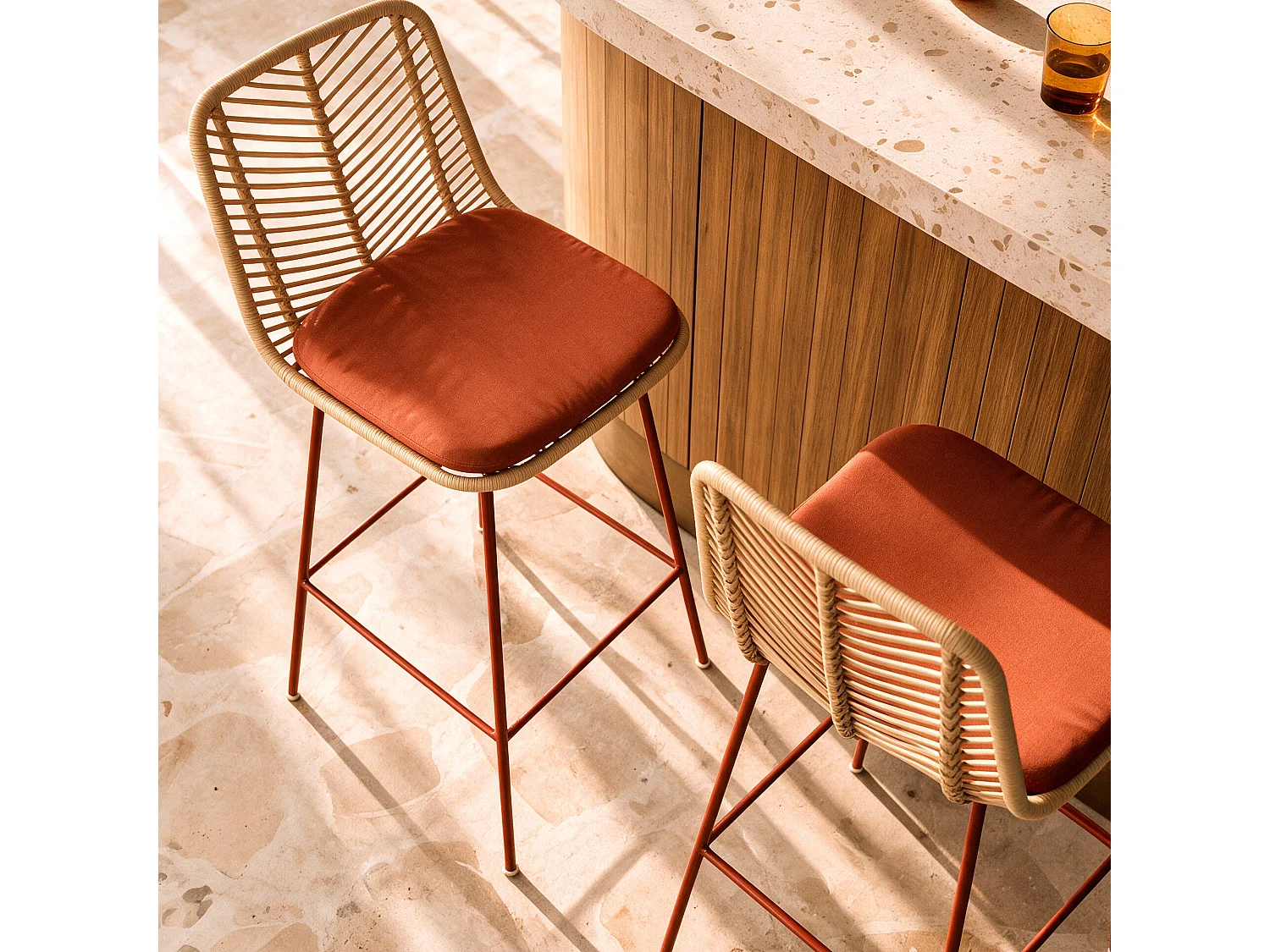 Set di 2 sedie per penisola da 66 cm in rattan e tessuto arancione - Tamara
