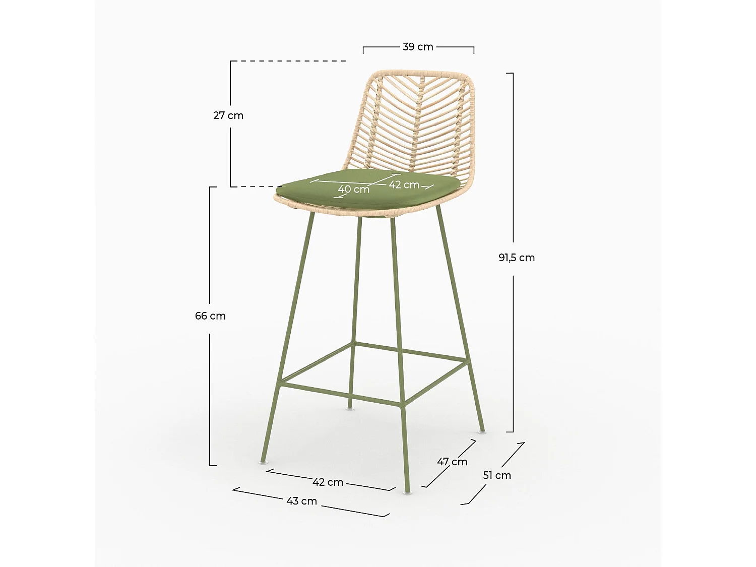 Lot de 2 chaises pour îlot central 66 cm en rotin et tissu vert - Tamara