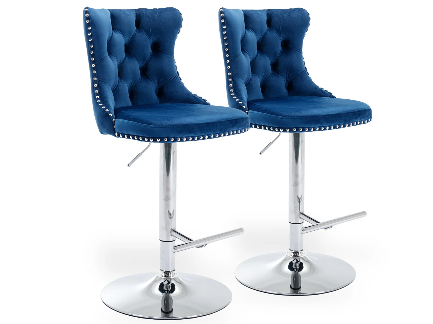 Lot de 2 Tabourets de Bar en Velours, Hauteur Réglable, Pivotants, avec Dossier - Bleu