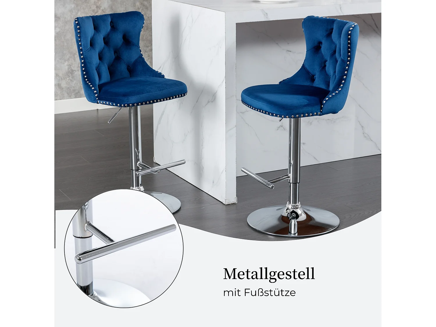 Lot de 2 Tabourets de Bar en Velours, Hauteur Réglable, Pivotants, avec Dossier - Bleu