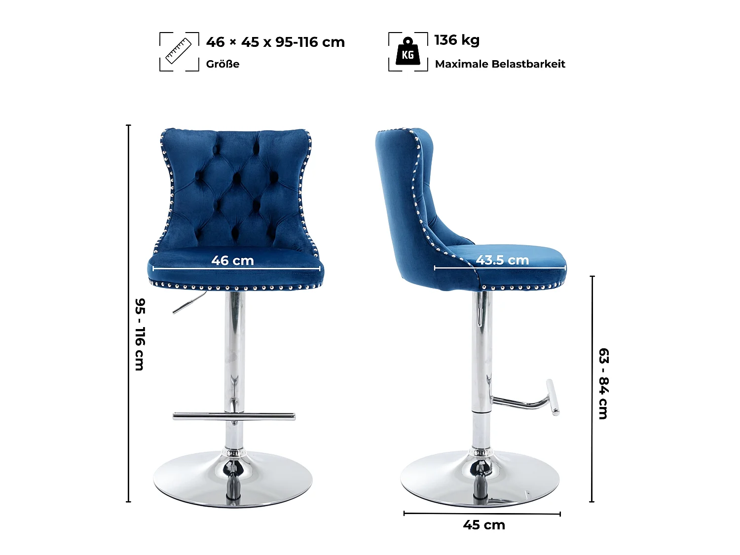 Lot de 2 Tabourets de Bar en Velours, Hauteur Réglable, Pivotants, avec Dossier - Bleu