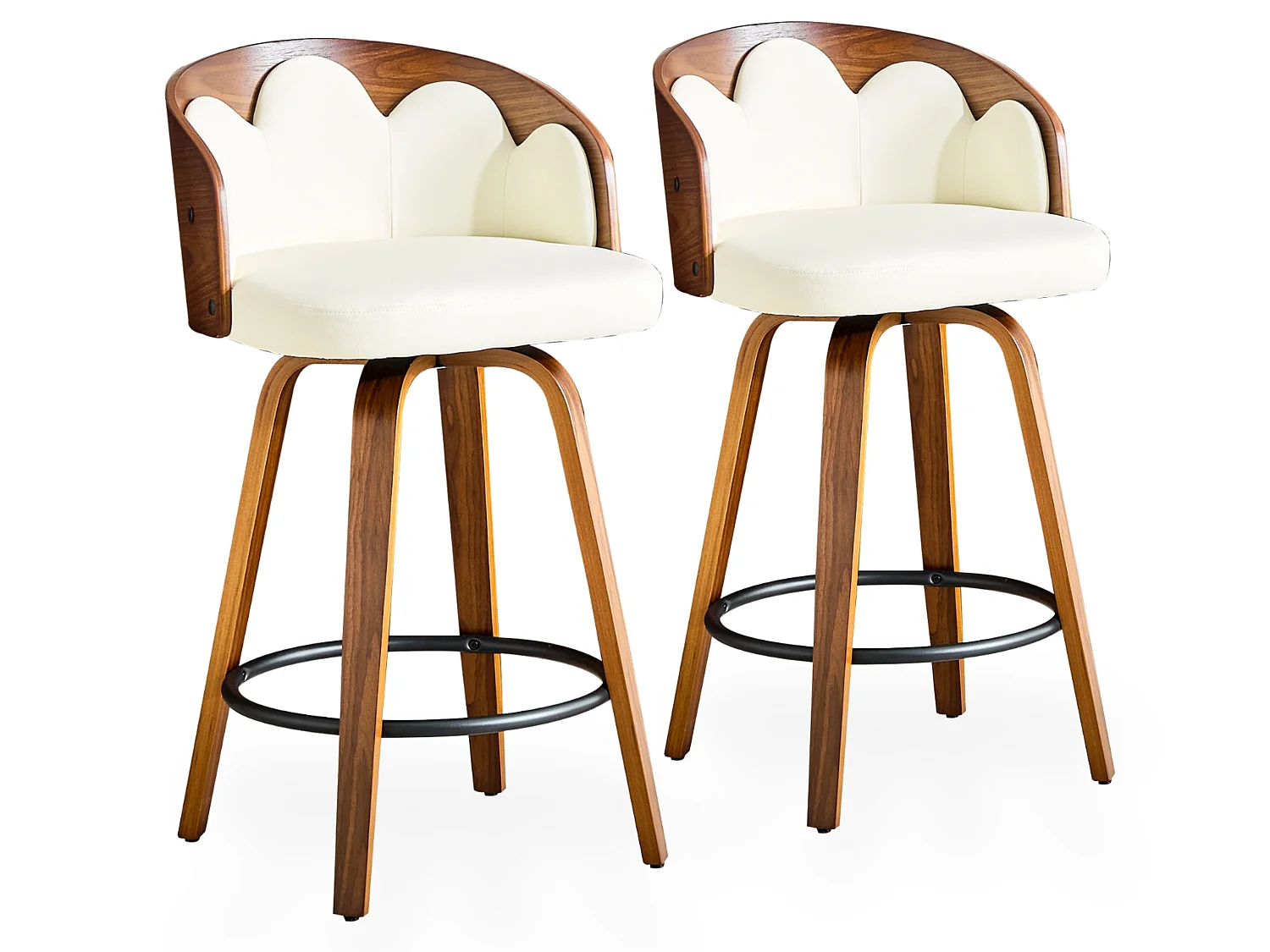 Tabourets de bar modernes crème par lot de 2 avec dossier rembourré et cadre en bois, fonction pivotante