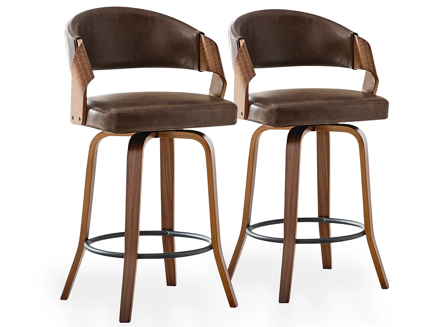 Lot de 2 Tabourets de Bar Mid Century avec Fonction Pivotante et Dossier Rembourré en Similicuir Marron ou Lin Crème