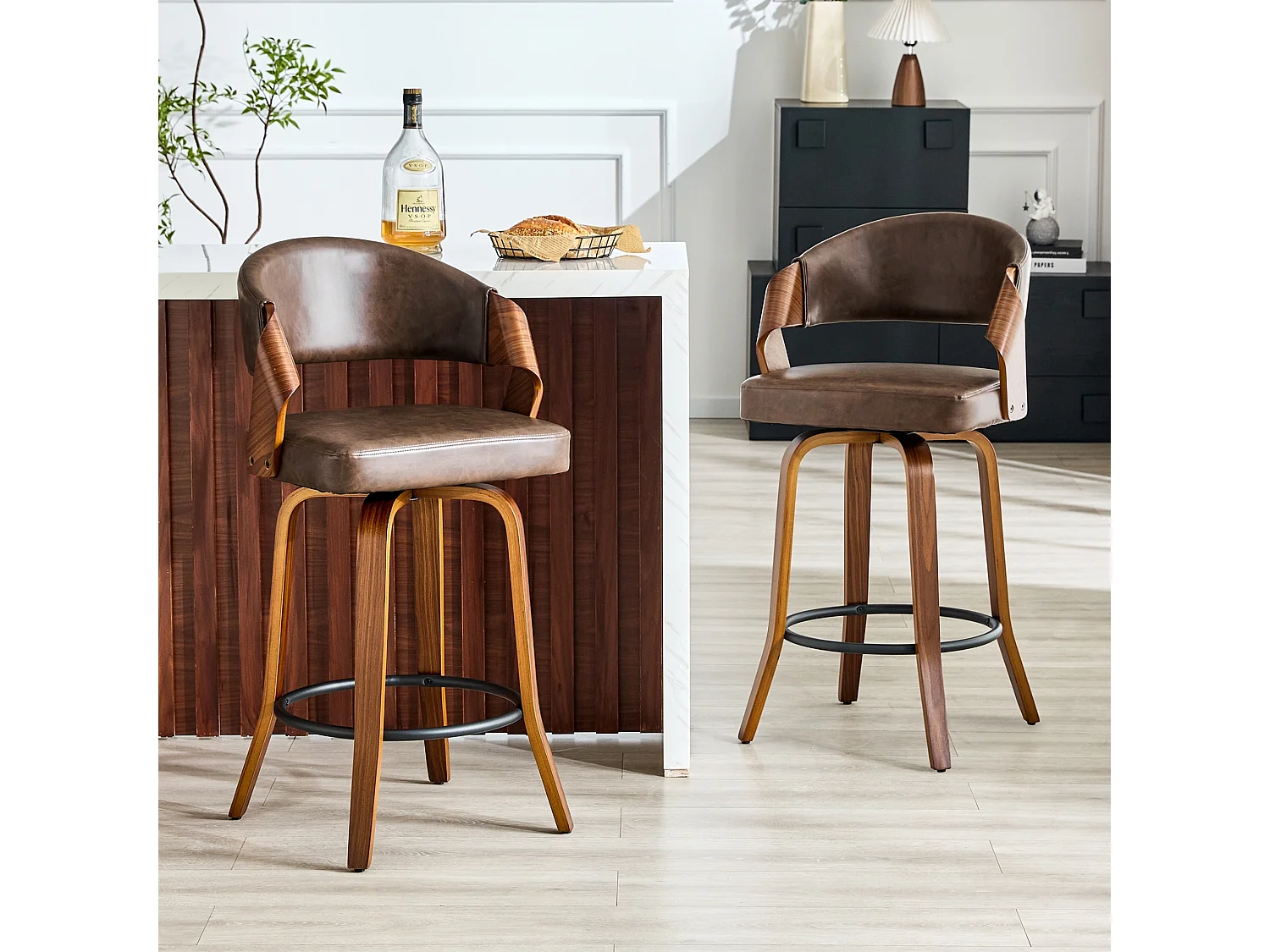 Lot de 2 Tabourets de Bar Mid Century avec Fonction Pivotante et Dossier Rembourré en Similicuir Marron ou Lin Crème