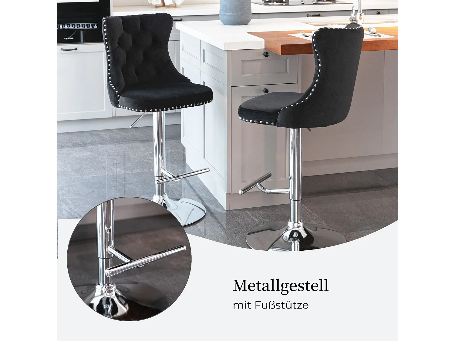 Lot de 2 Tabourets de Bar en Velours, Hauteur Réglable, Pivotants, avec Dossier