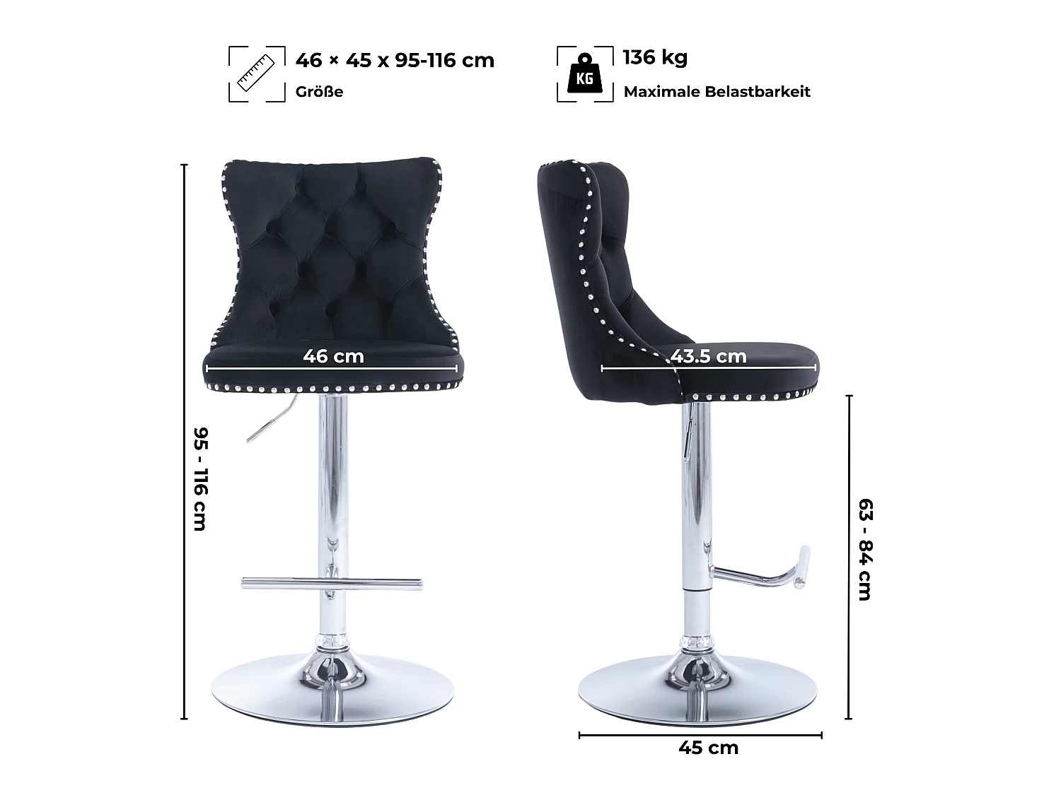 Lot de 2 Tabourets de Bar en Velours, Hauteur Réglable, Pivotants, avec Dossier