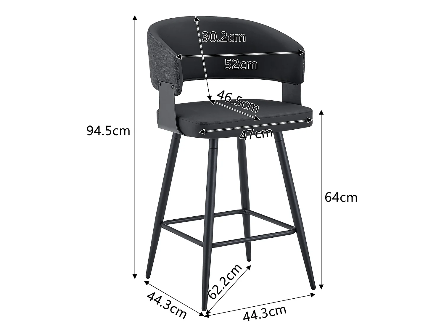 Ensemble de 2 Tabourets de Bar rembourrés de Style Mid Century avec Accoudoirs, Similicuir Noir, Base en Métal, Capacité de 150 kg