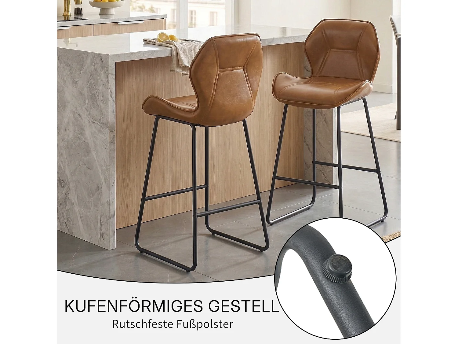 Italiaanse Minimalistische Barkrukken 2-Delige Set met Zwarte Metalen Frame en Kunstleren Bekleding