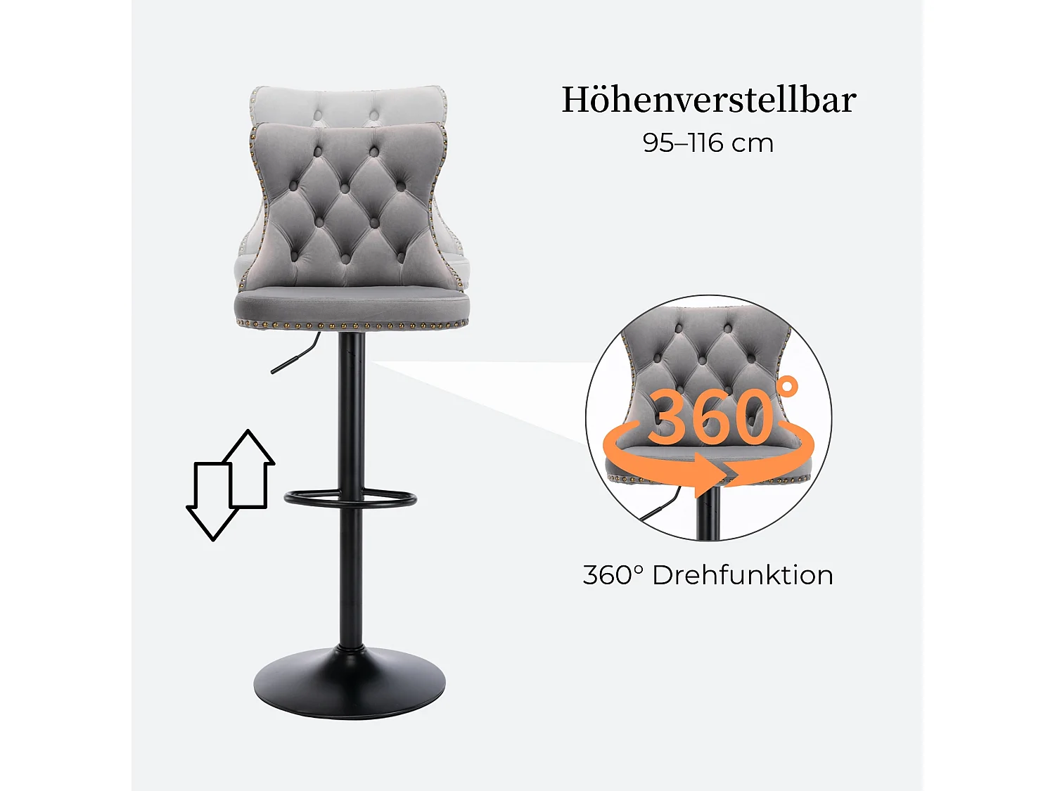 Lot de 2 tabourets de bar en velours réglables et pivotants avec dossier et repose pieds