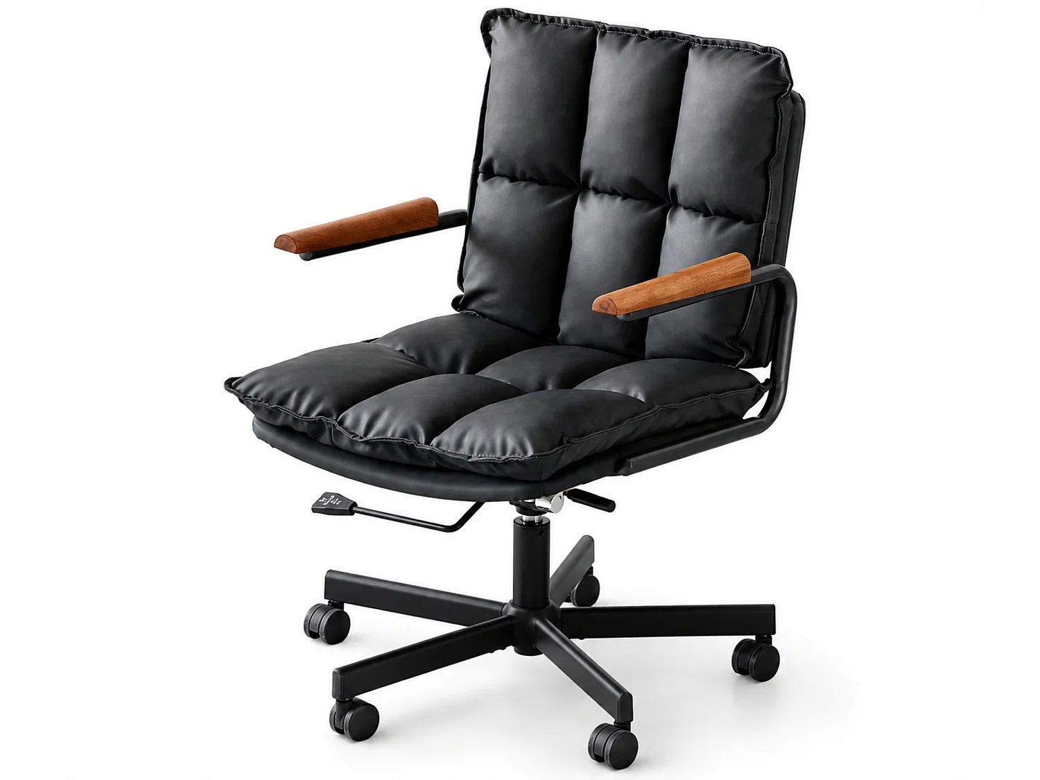Sedia da Ufficio Mid Century Modern in Ecopelle con Braccioli in Rovere, Altezza Regolabile, Girevole a 360°, Nero
