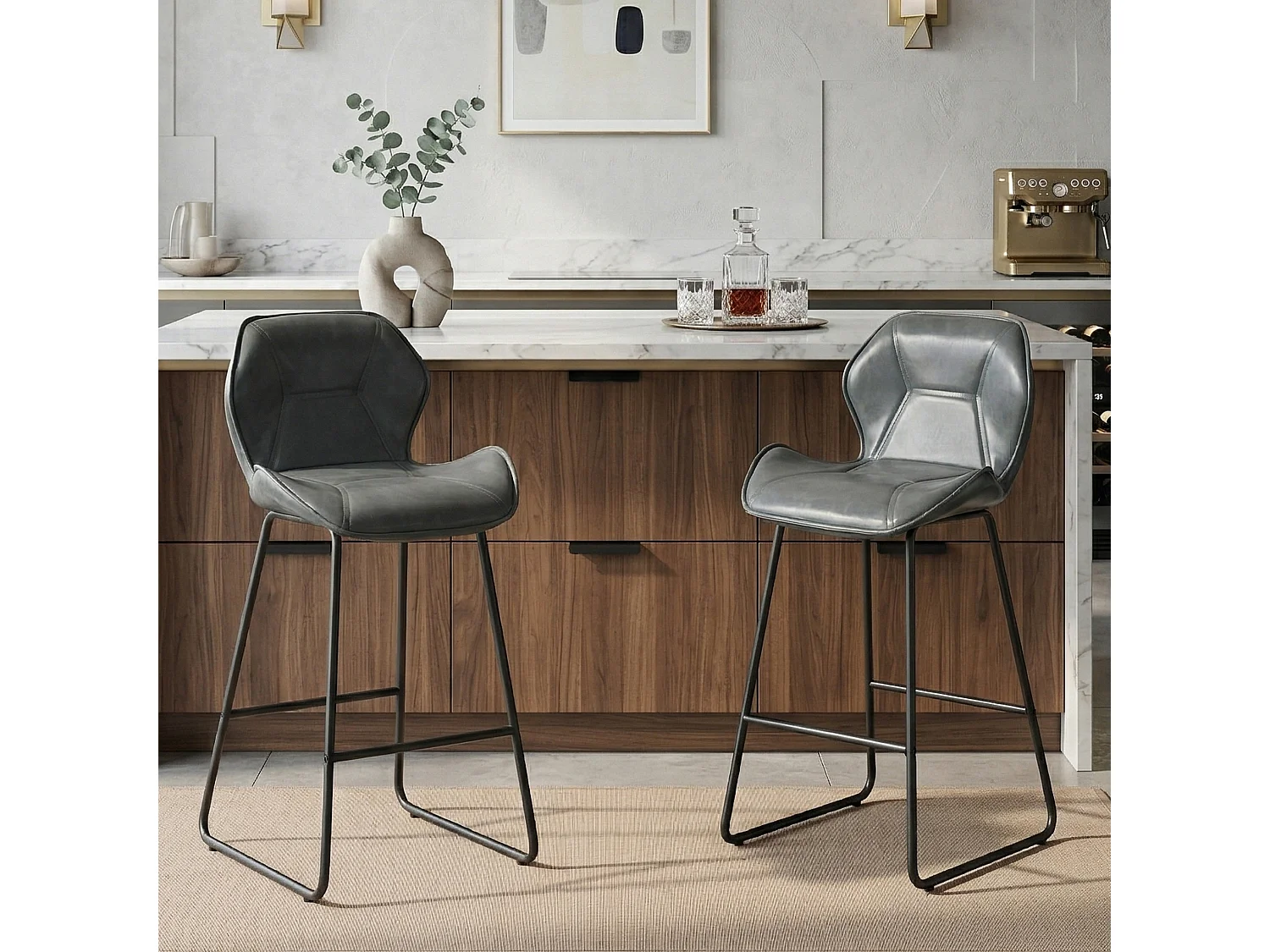 Ensemble de 2 tabourets de bar minimalistes italiens avec siège rembourré en simili cuir et structure en métal
