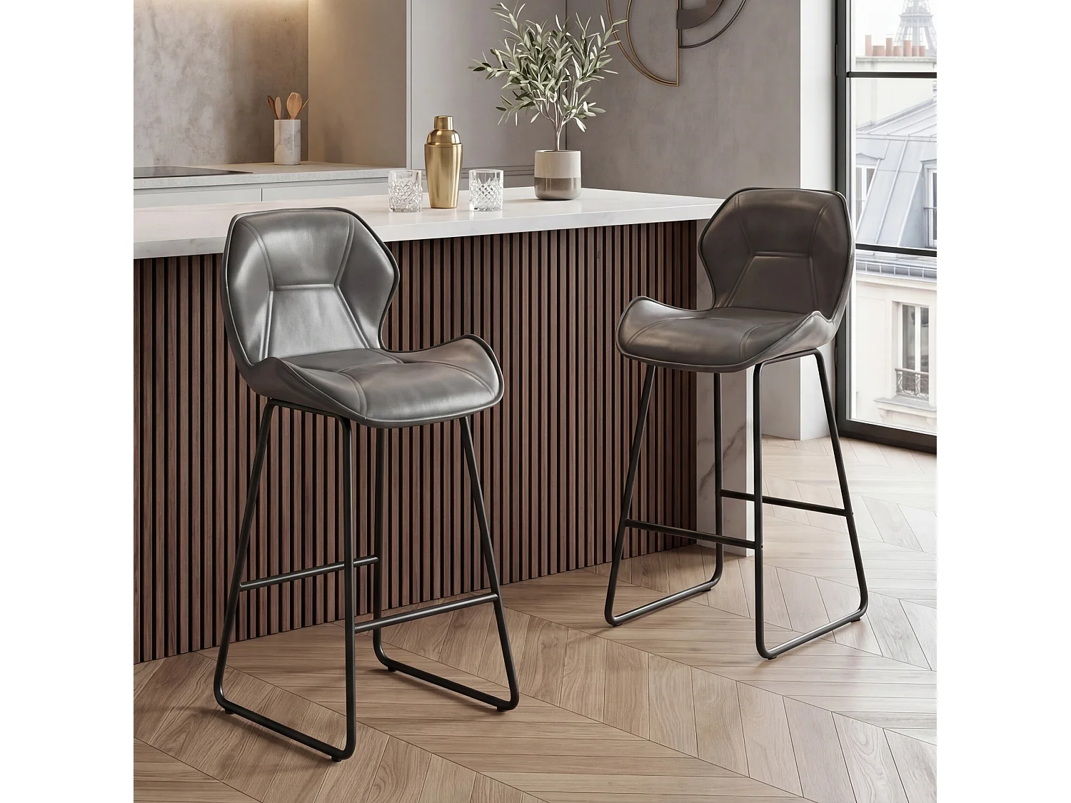 Ensemble de 2 tabourets de bar minimalistes italiens avec siège rembourré en simili cuir et structure en métal