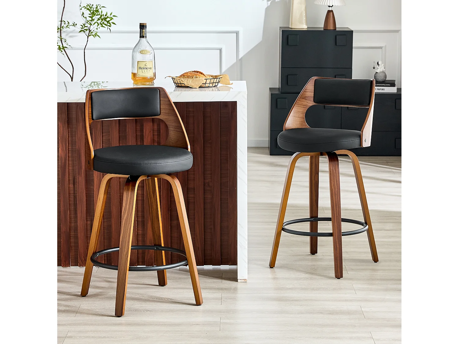 2er Set Mid Century Barhocker aus Bugholz mit Drehfunktion