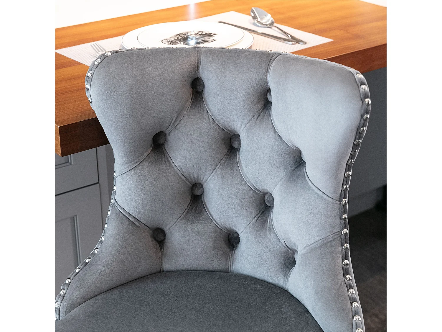 Lot de 2 Tabourets de Bar en Velours, Hauteur Réglable, Pivotants, avec Dossier - Gris