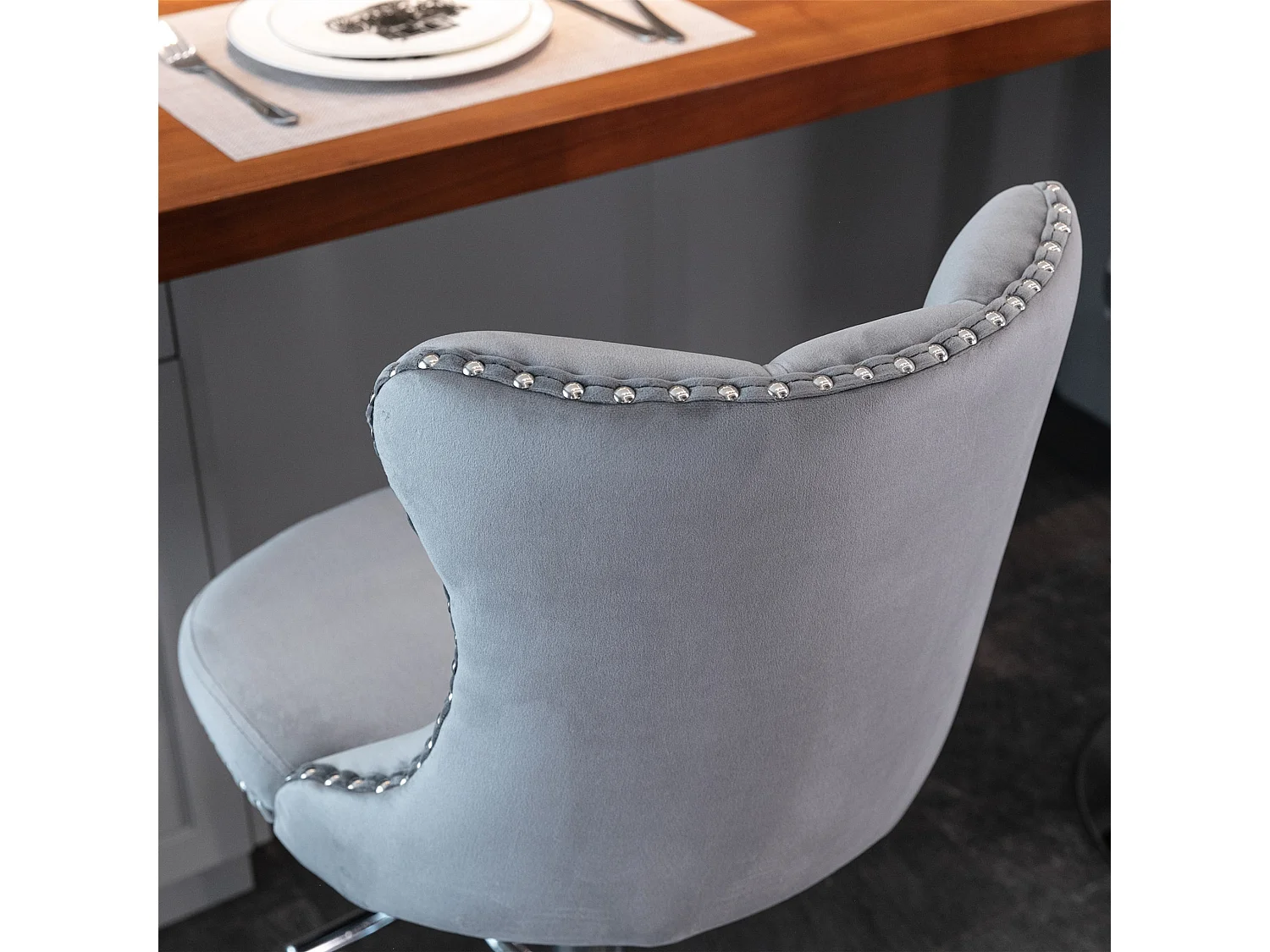 Lot de 2 Tabourets de Bar en Velours, Hauteur Réglable, Pivotants, avec Dossier - Gris
