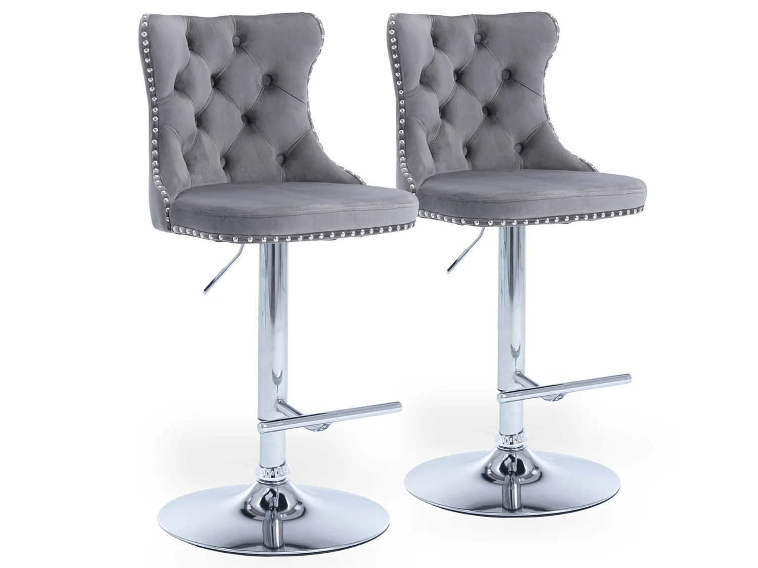 Lot de 2 Tabourets de Bar en Velours, Hauteur Réglable, Pivotants, avec Dossier - Gris