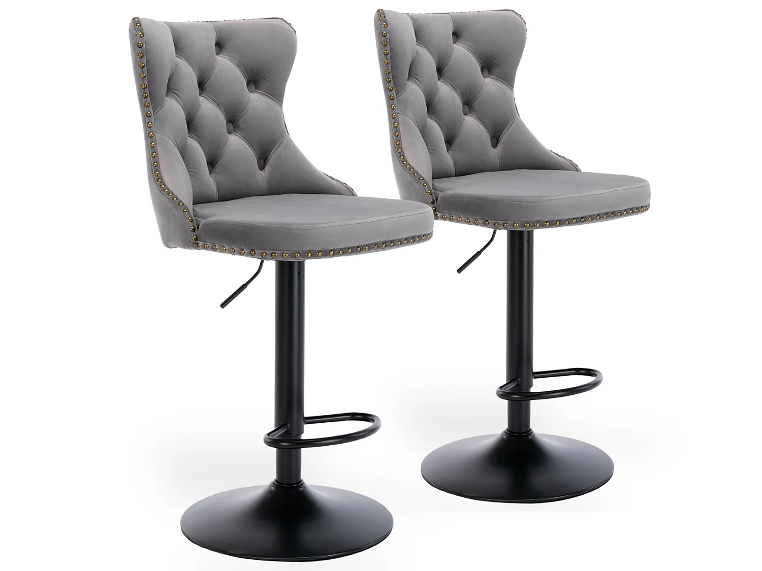 Ensemble de 2 Tabourets de Bar en Velours, Hauteur Réglable, Pivotants, avec Dossier et Repose-Pieds