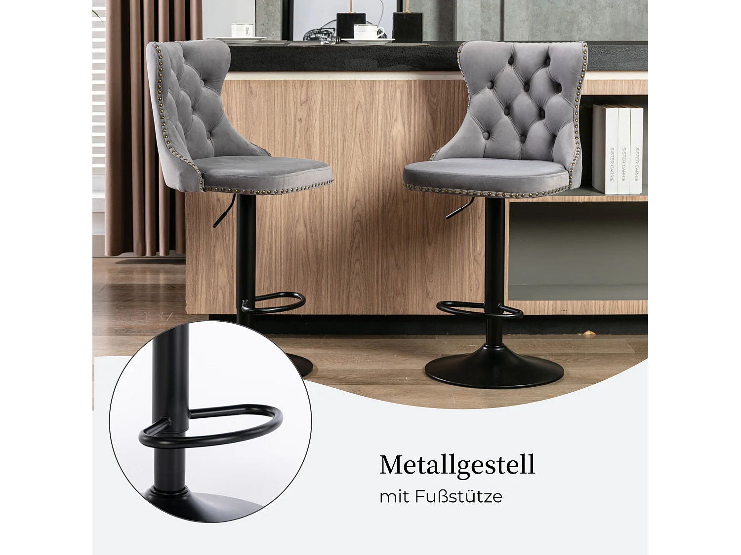 Ensemble de 2 Tabourets de Bar en Velours, Hauteur Réglable, Pivotants, avec Dossier et Repose-Pieds