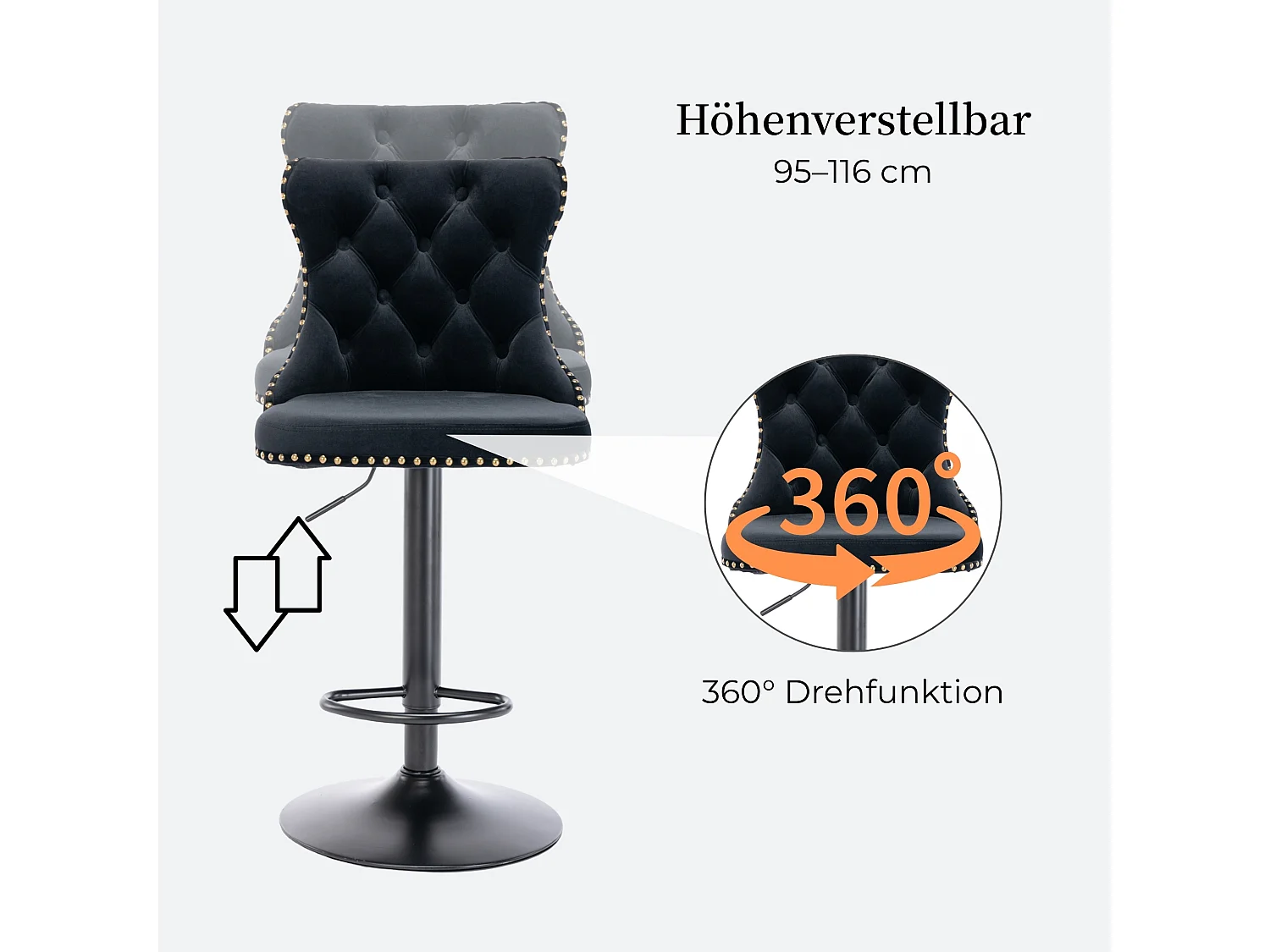 Lot de 2 tabourets de bar en velours réglables et pivotants avec dossier et repose pieds