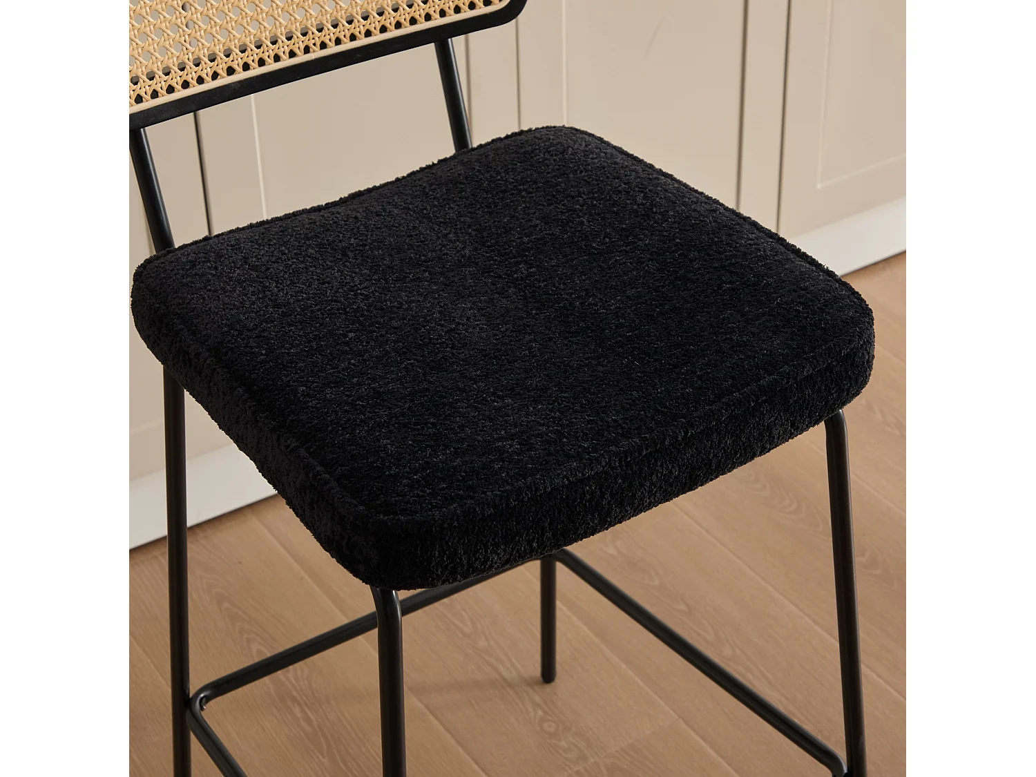 Ensemble de 2 tabourets de bar modernes vintage avec dossier en rotin et pieds en métal