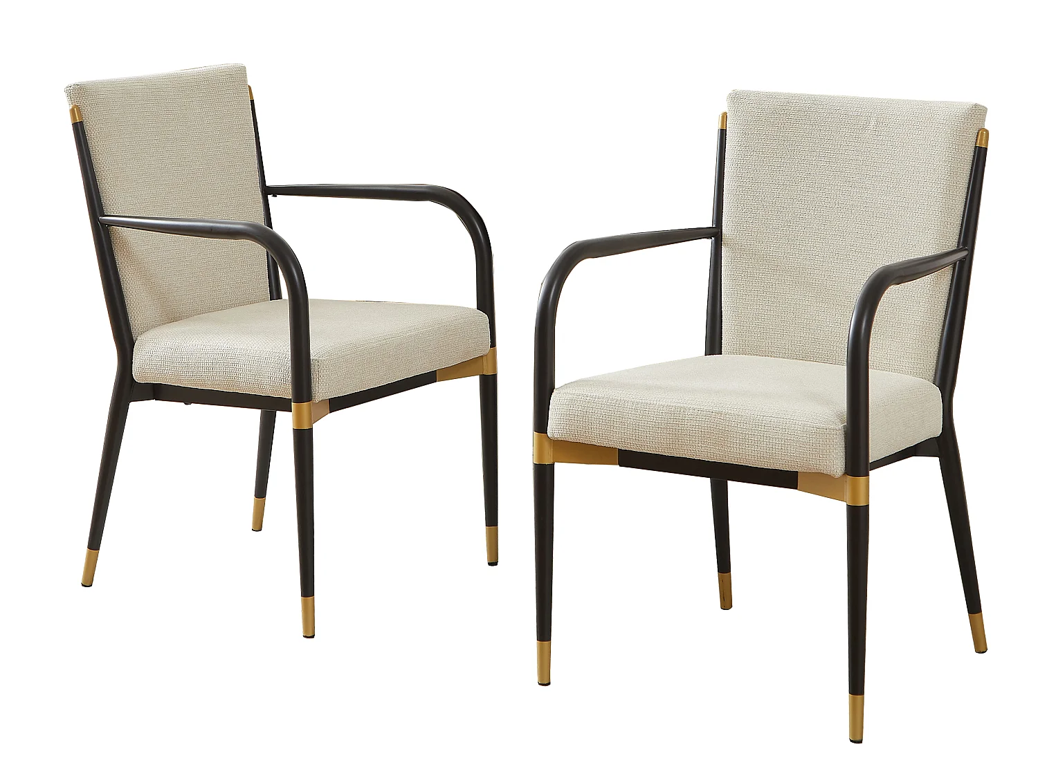 Set van 2 eetkamerstoelen met hoge rugleuning en metalen frame, beige bekleding, zwart en gouden afwerking