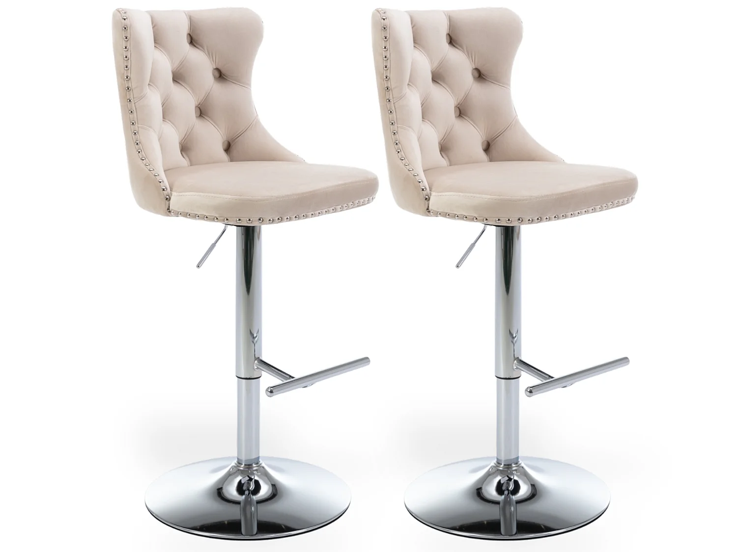 Ensemble de 2 Tabourets de Bar en Velours, Hauteur Réglable, Pivotants, Beige, Style Moderne