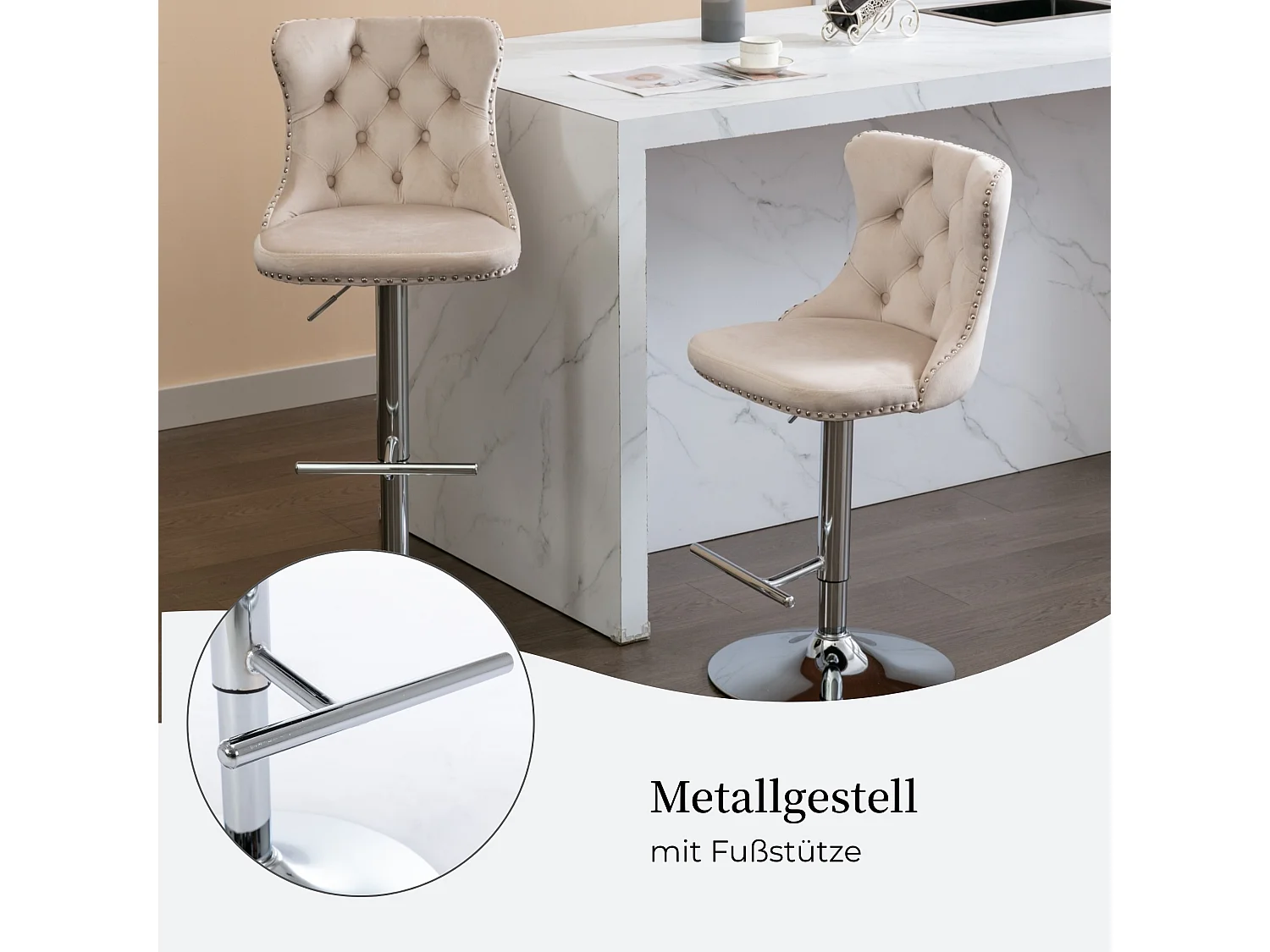 Ensemble de 2 Tabourets de Bar en Velours, Hauteur Réglable, Pivotants, Beige, Style Moderne