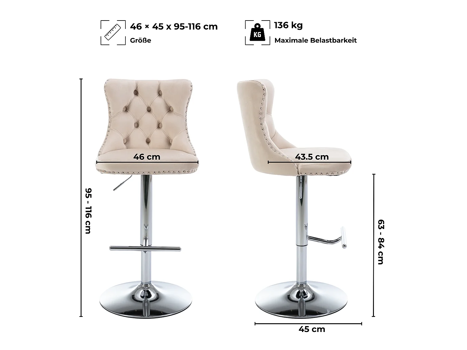 Ensemble de 2 Tabourets de Bar en Velours, Hauteur Réglable, Pivotants, Beige, Style Moderne