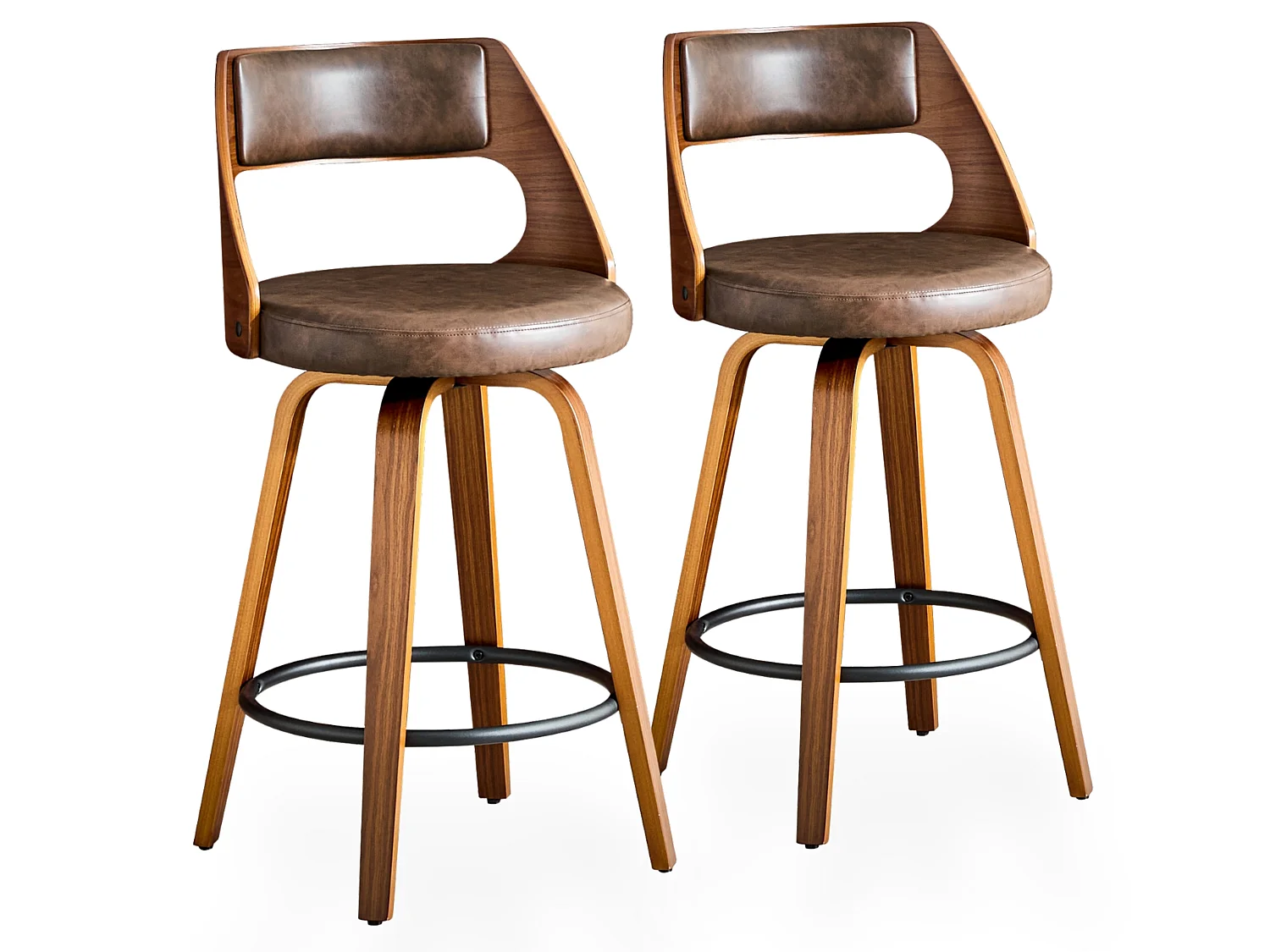 Ensemble de 2 Tabourets de Bar Mid Century avec Fonction Pivotante et Dossier Rembourré, Hauteur d'Assise de 66,5 cm