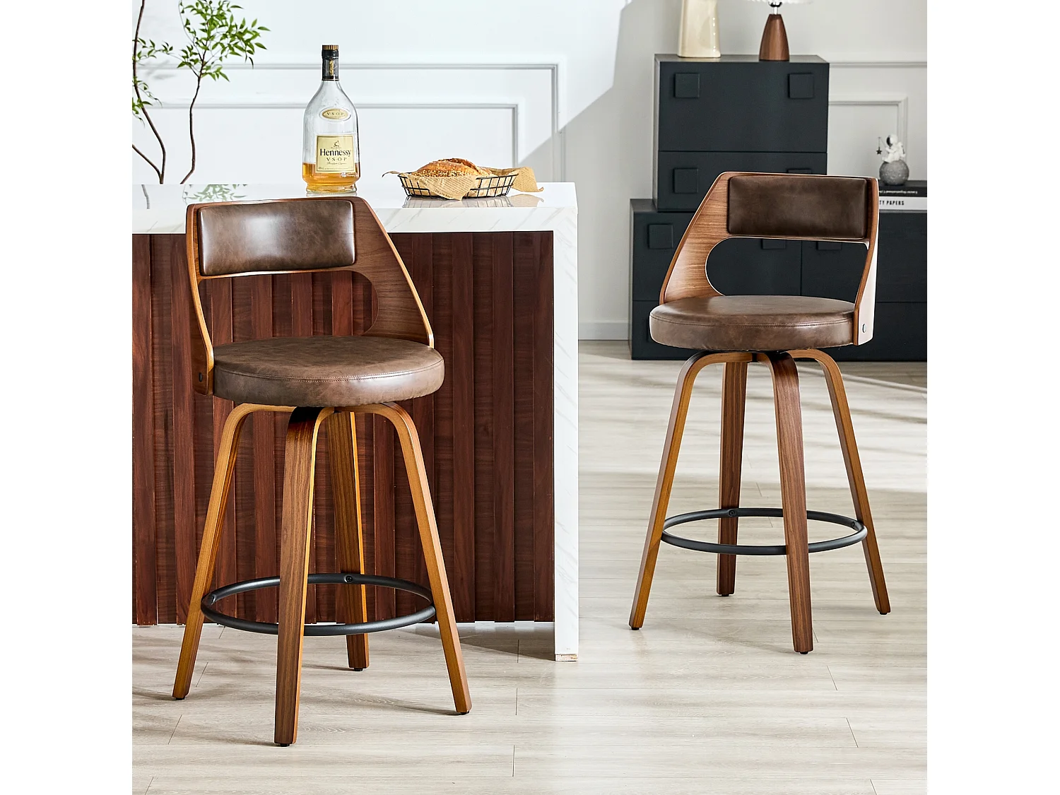 Ensemble de 2 Tabourets de Bar Mid Century avec Fonction Pivotante et Dossier Rembourré, Hauteur d'Assise de 66,5 cm