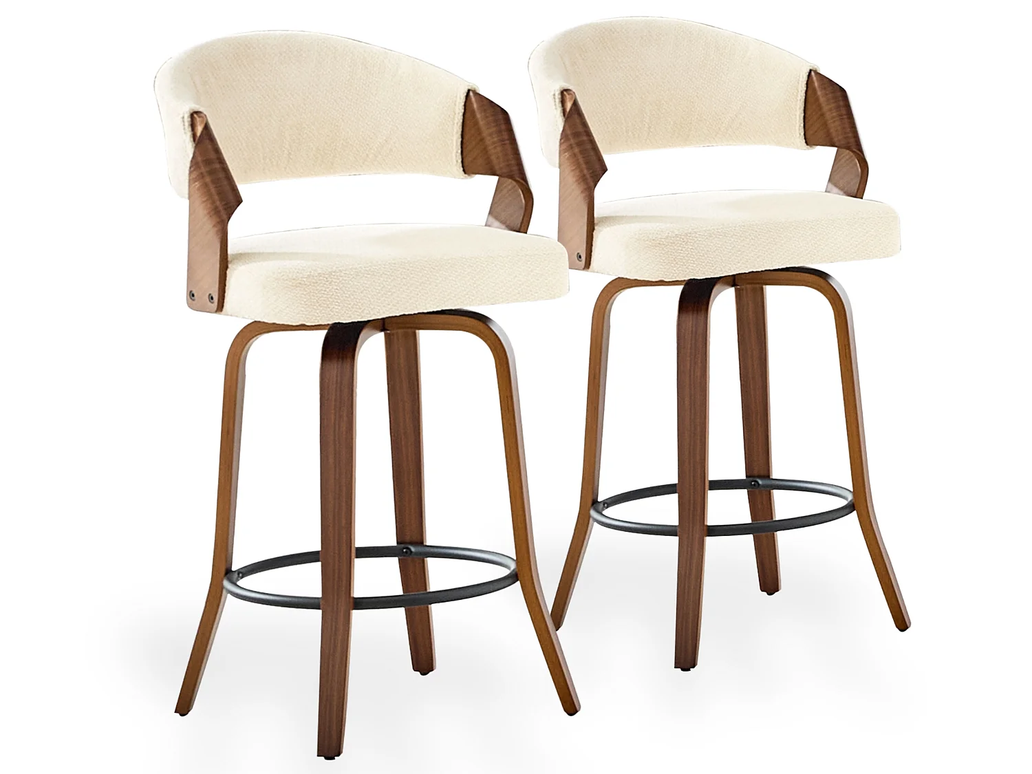 Ensemble de 2 tabourets de bar de style Mid Century avec fonction pivotante et dossier rembourré en lin crème