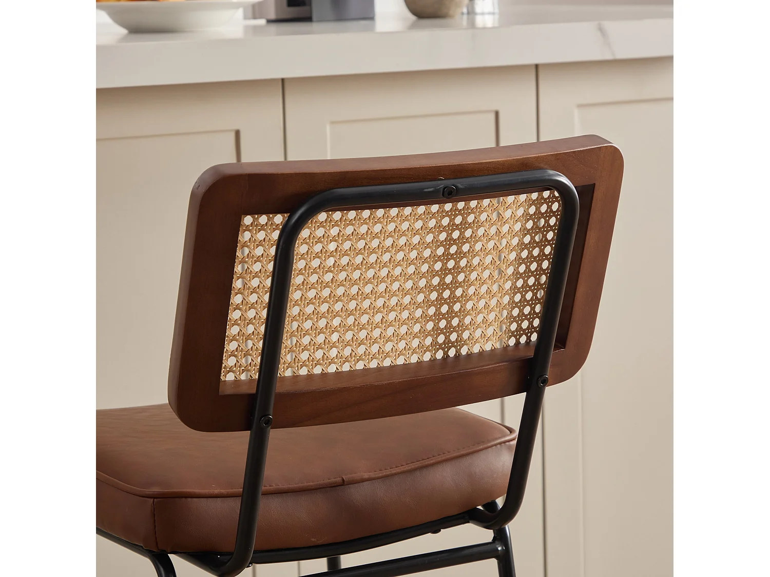 Ensemble de 2 Tabourets de Bar en Rotin Vintage Moderne avec Pieds en Métal et Sièges Rembourrés