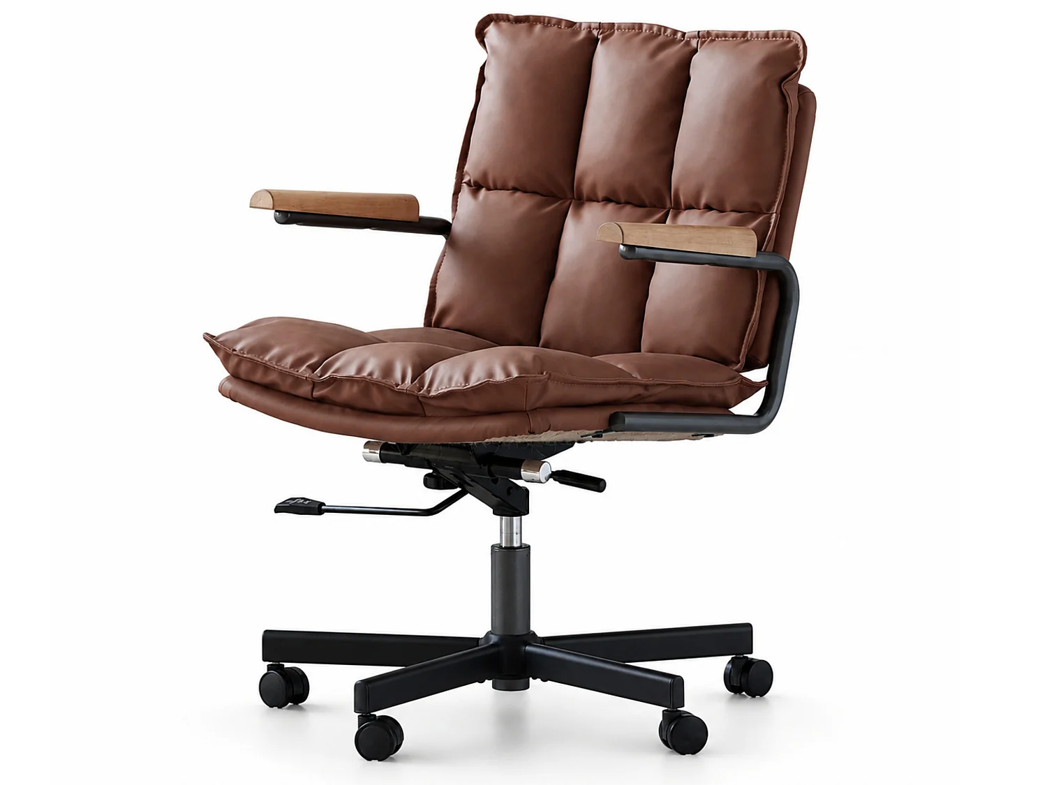 Mid Century Modern Kunstlederen Bureaustoel met Eiken Armleuningen, Verstelbare Hoogte