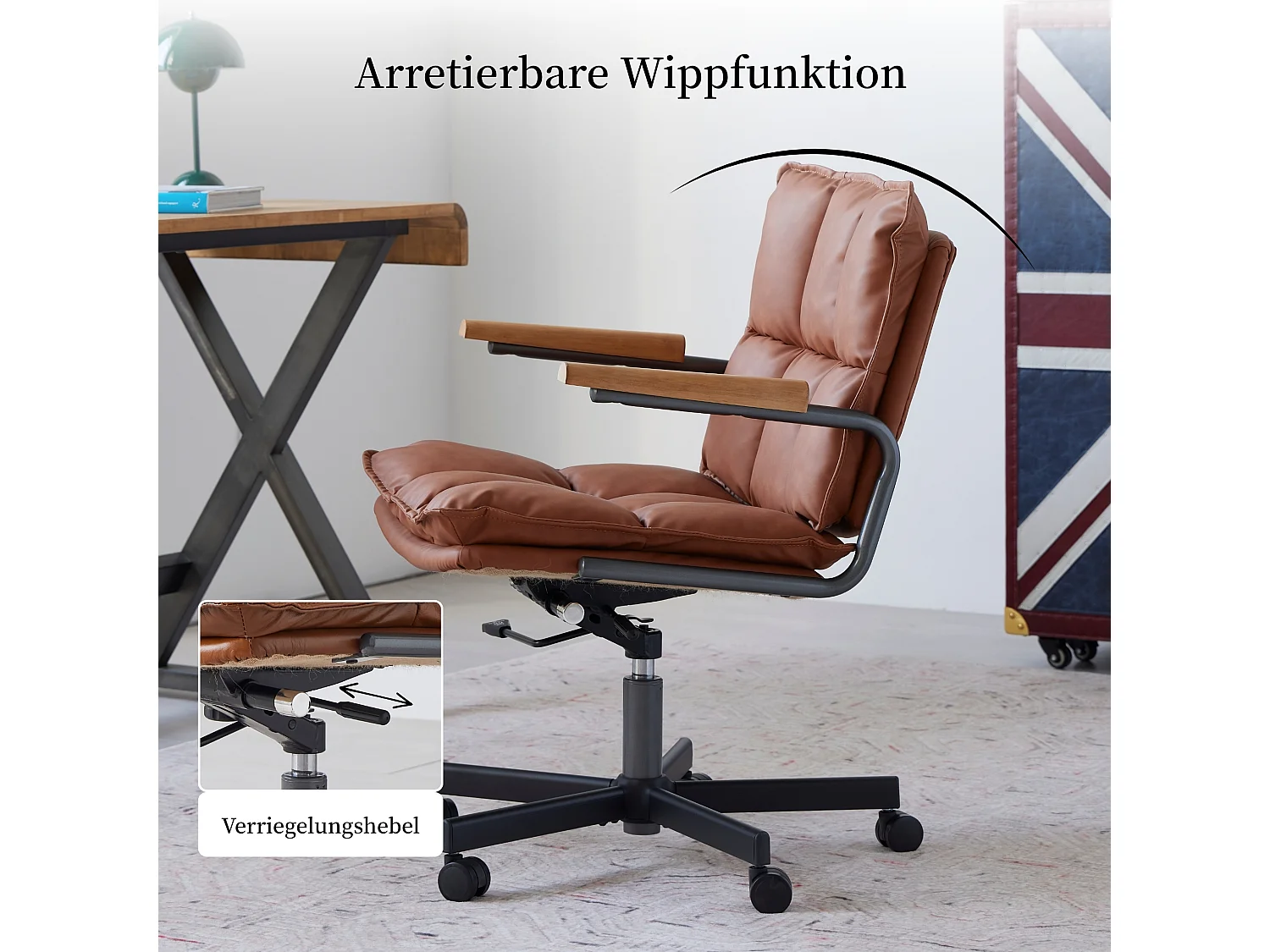 Mid Century Modern Kunstlederen Bureaustoel met Eiken Armleuningen, Verstelbare Hoogte